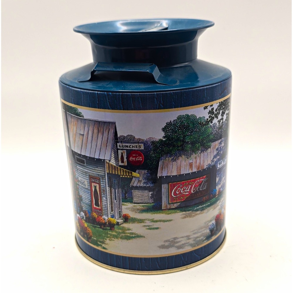 Coca-Cola Blue Tin Canister w/ Lid Country Store Scene Milk Tin Soda Theme